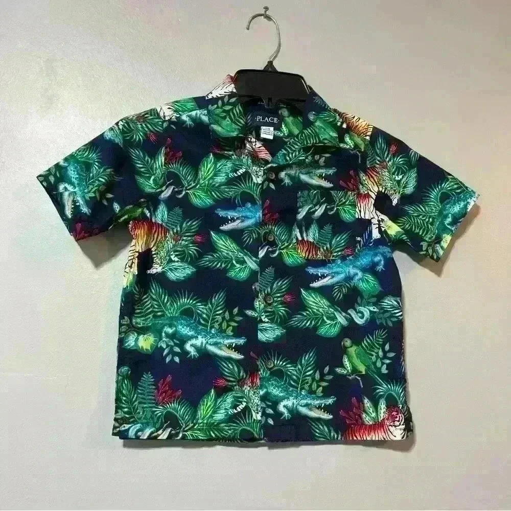Children Place Jungle Animal Safari Print Cotton Button Front Shirt Size 5/6 S/P